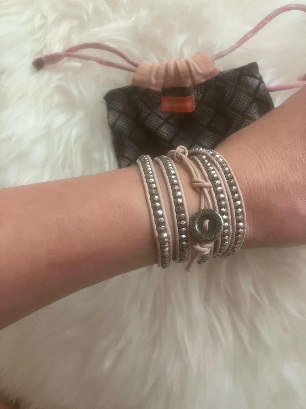 Chan Luu Beige Leather Wrap Bracelet with Silver Beads